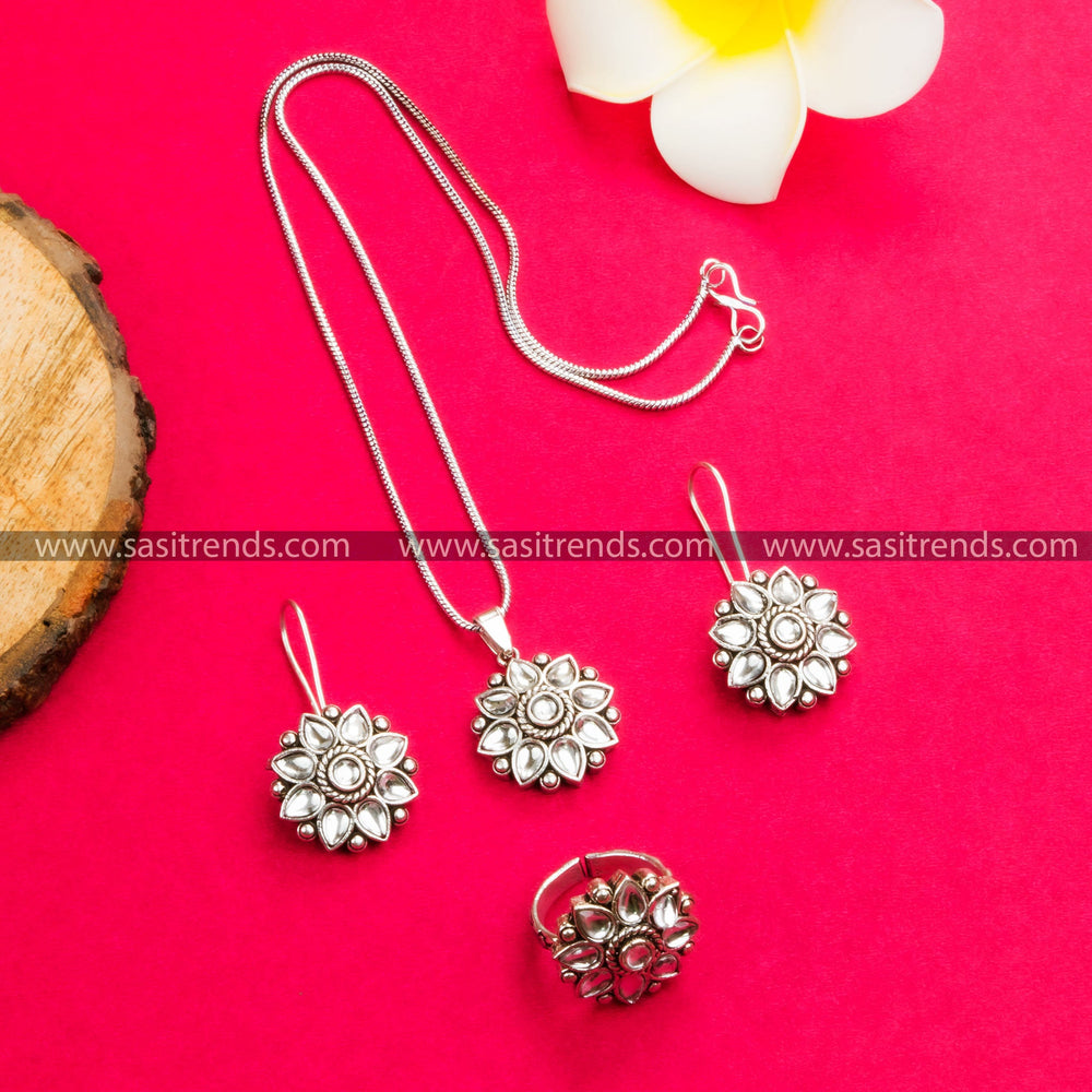 Flower Pendant Necklace Set with Earrings & Ring – Oxidised German Silver Jewelry