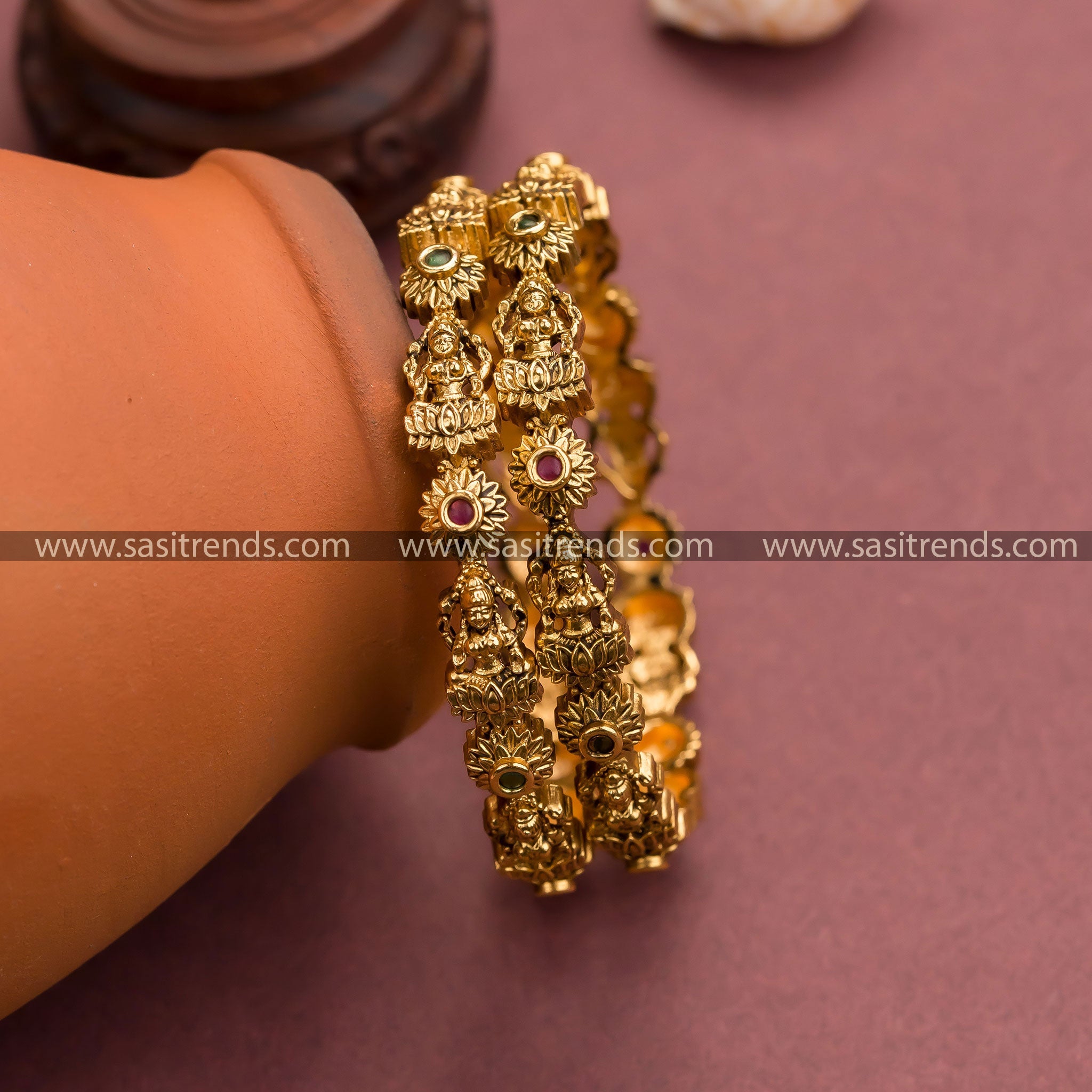 Goddess Lakshmi Temple Gold Plated Bangles with Red & Green Stones - Traditional Jewelry