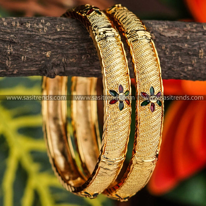 Buy Latest Micro Gold Plated Thick Bangles Pair - Enamelled Flower Pattern - Indian Traditional