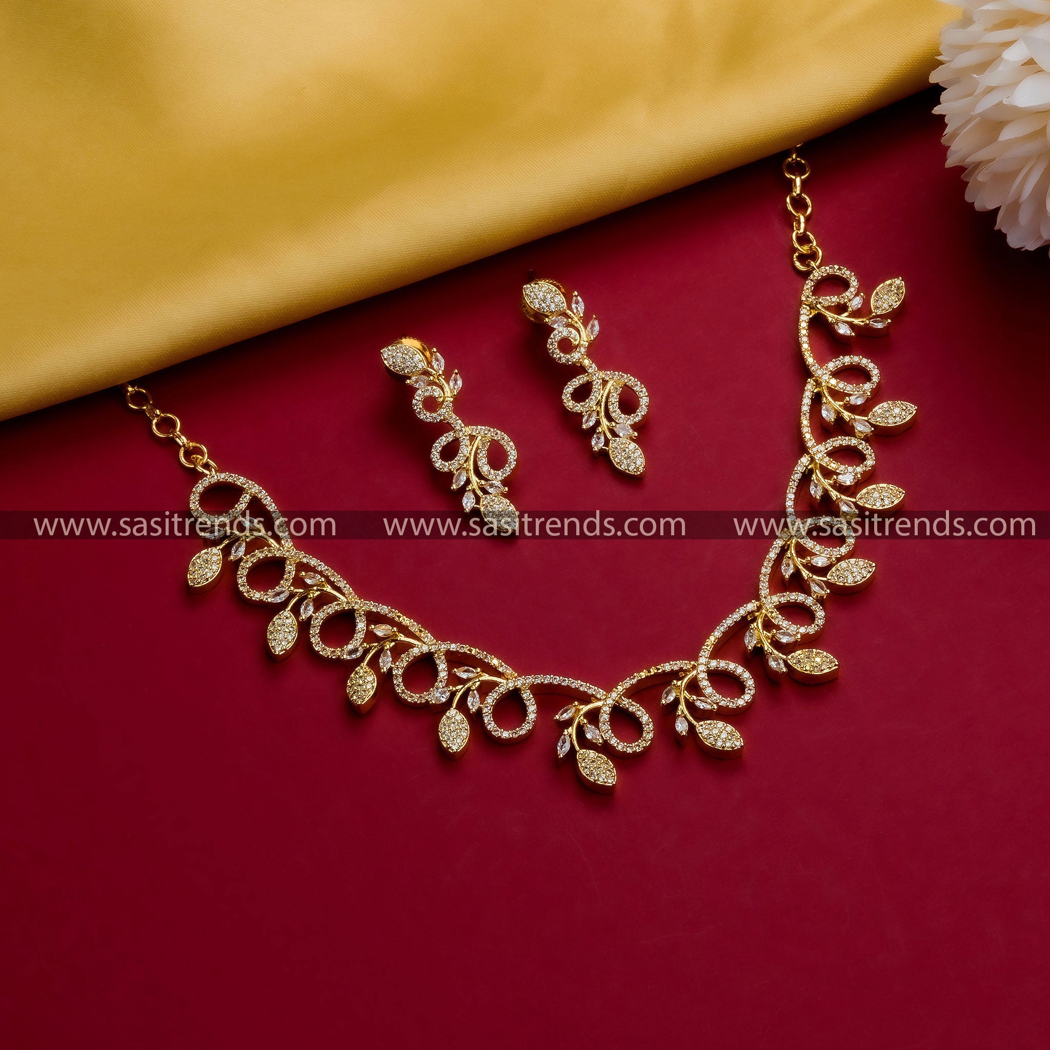 Floral Leaf Gold Plated Necklace Set with American Diamond Stones and Matching Earrings for Women