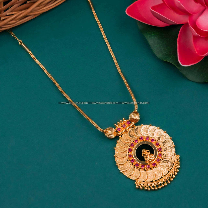 Trendy Kerala Style Gold Plated Lakshmi Coin Palakka Necklace with Green Stone Pendant