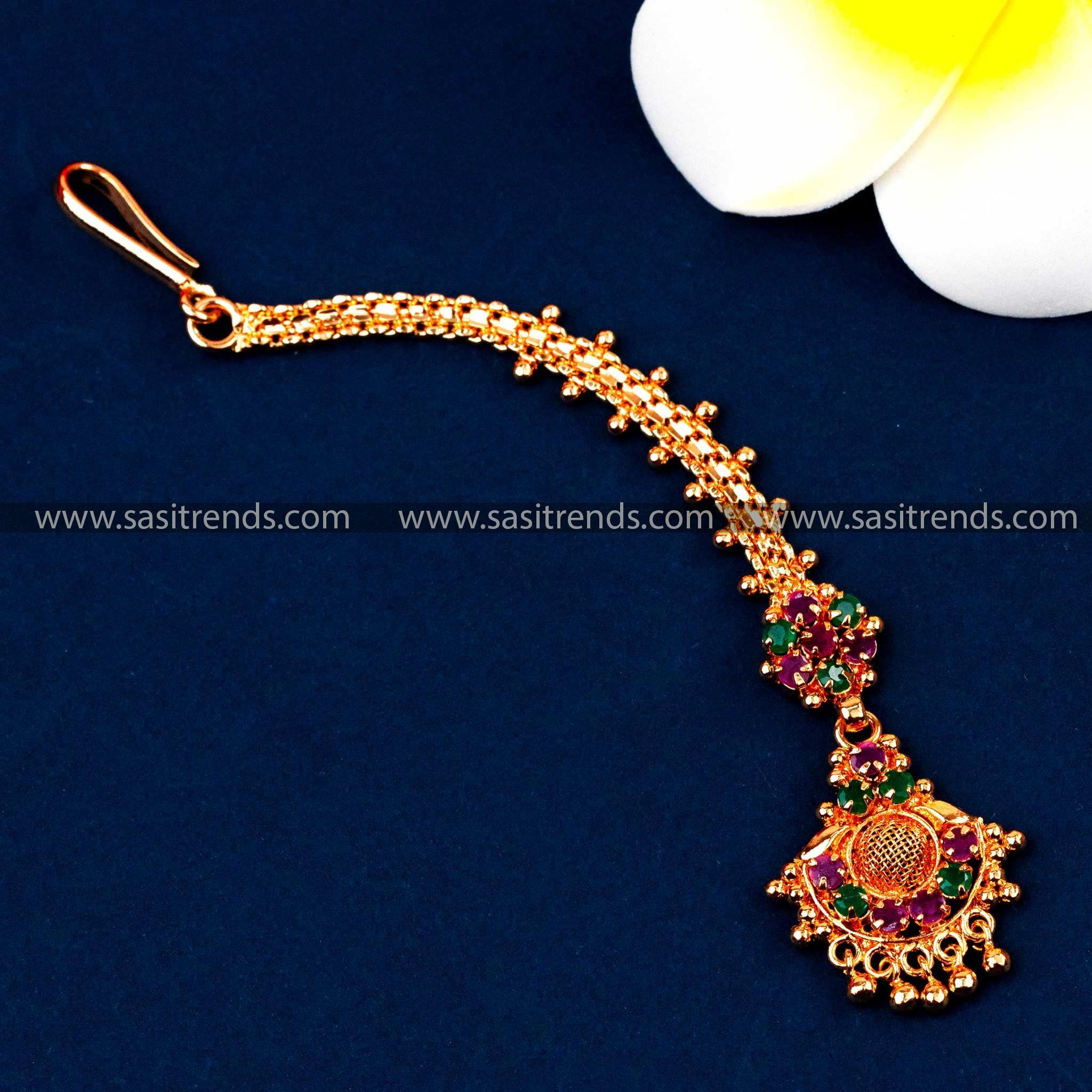 Micro Gold Plated Floral Maang Tikka with Ruby-Green AD Stones