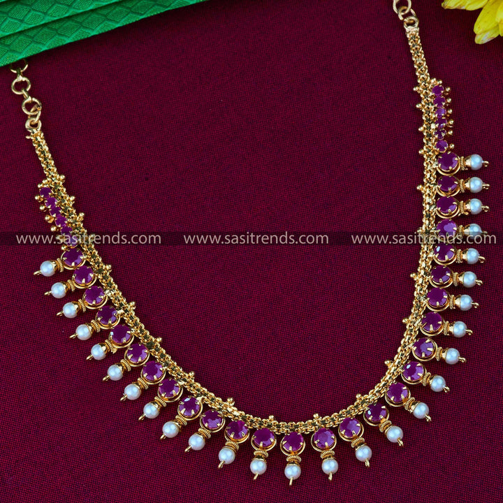 Exquisite Traditional Pearl Necklace: Micro Gold Plated & American Diamond Stones