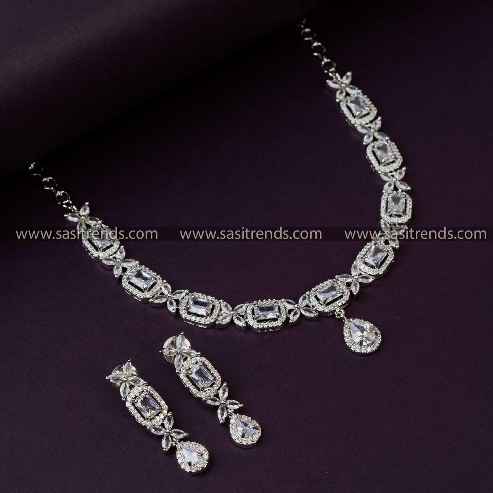 Rhodium Silver Plated Necklace Set with White American Diamond Stones