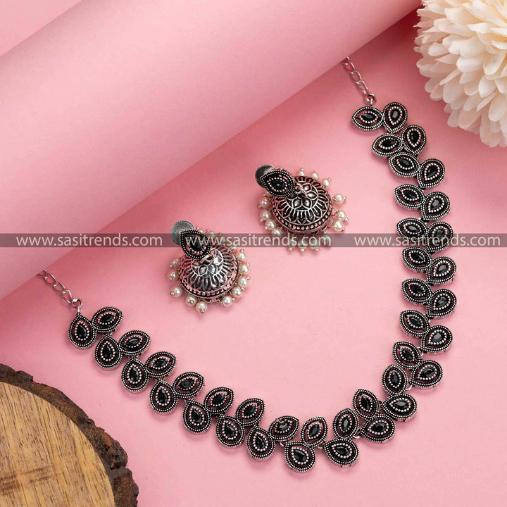 Traditional Beauty: Oxidised Silver Necklace & Pearl Jhumkas Stones Stud Jewellery Set | Sasitrends