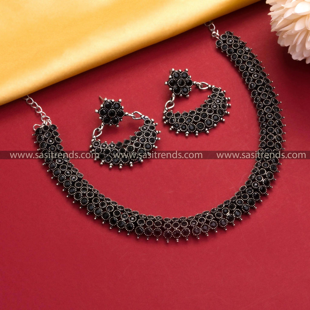 Trendy Party Wear Oxidized German Silver Necklace Set with Black Stones - Festive Collection