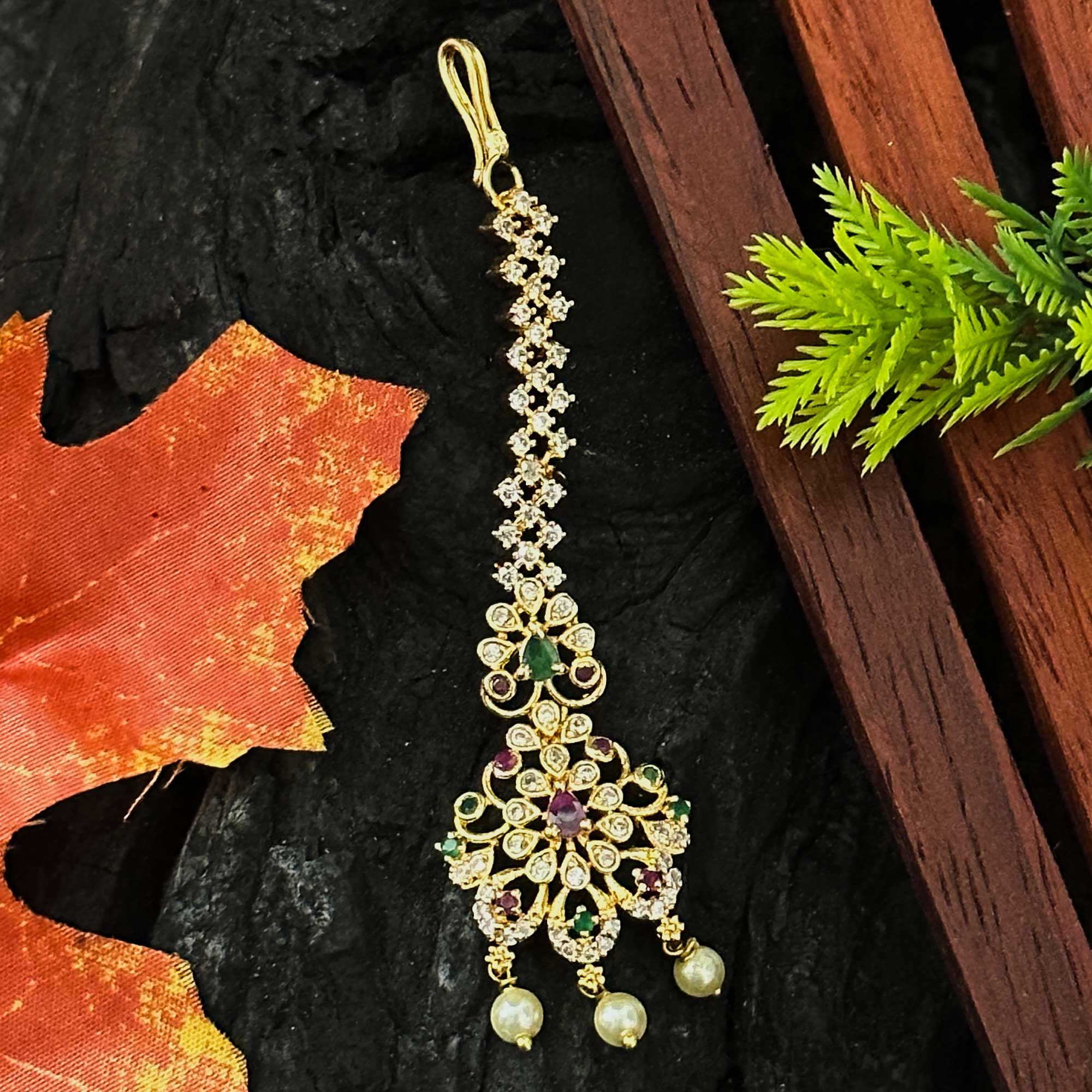 Floral Micro Gold Plated Maang Tikka with AD Stones & Pearl Drops