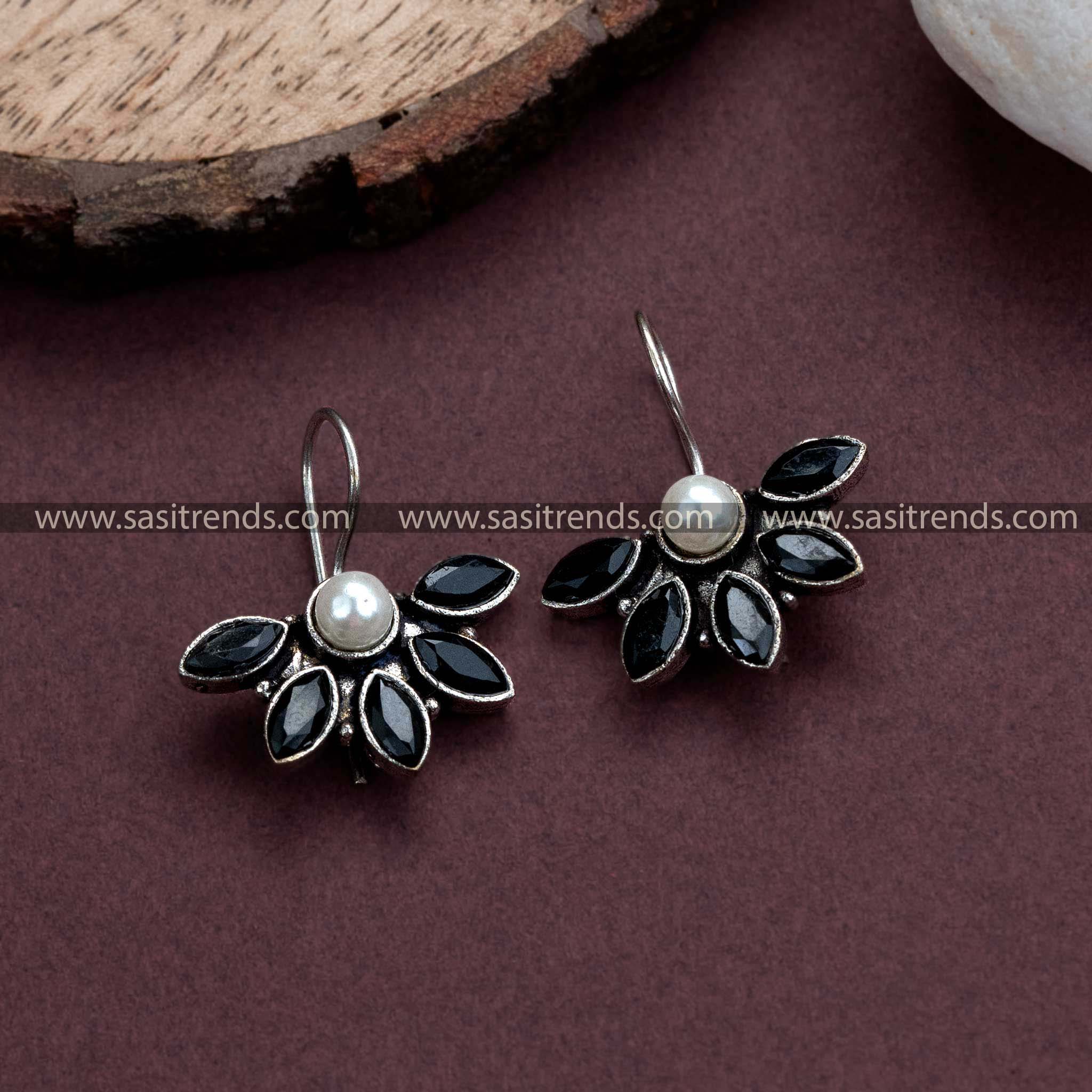 Stylish Oxidized German Silver Hook Earrings with Black Stones - Trendy Office Wear Collection for Women