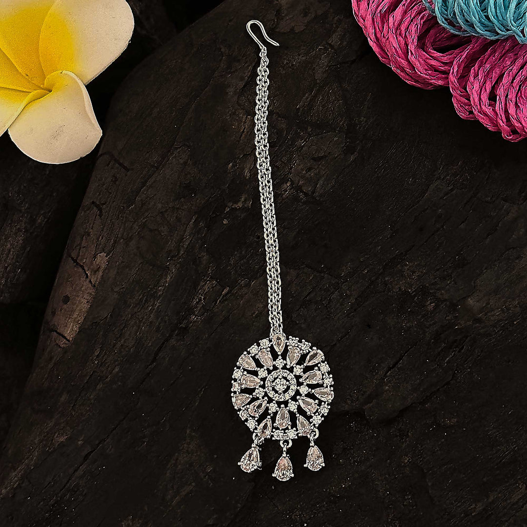 Rhodium Silver Maang Tikka with Floral Motif & AD Stones