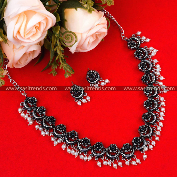 Stunning Latest Jewelry: Party Look Oxidised German Silver Necklace Set with Black Stones - Floral & Half-Moon Motifs, Perfect for Parties