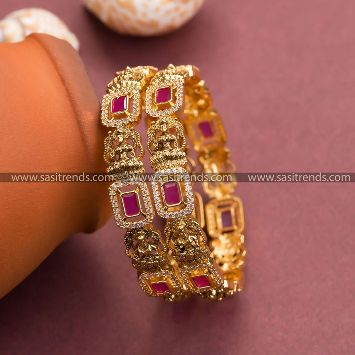 Traditional Gold-Plated Lakshmi & Rectangular Motif Bangles with Ruby-White Stones