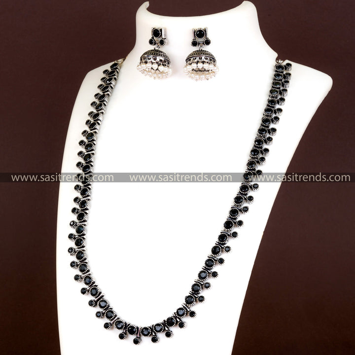 Sophisticated Black Stone Oxidized Necklace with Jhumkas - Trendy Jewelry for Online Shopping