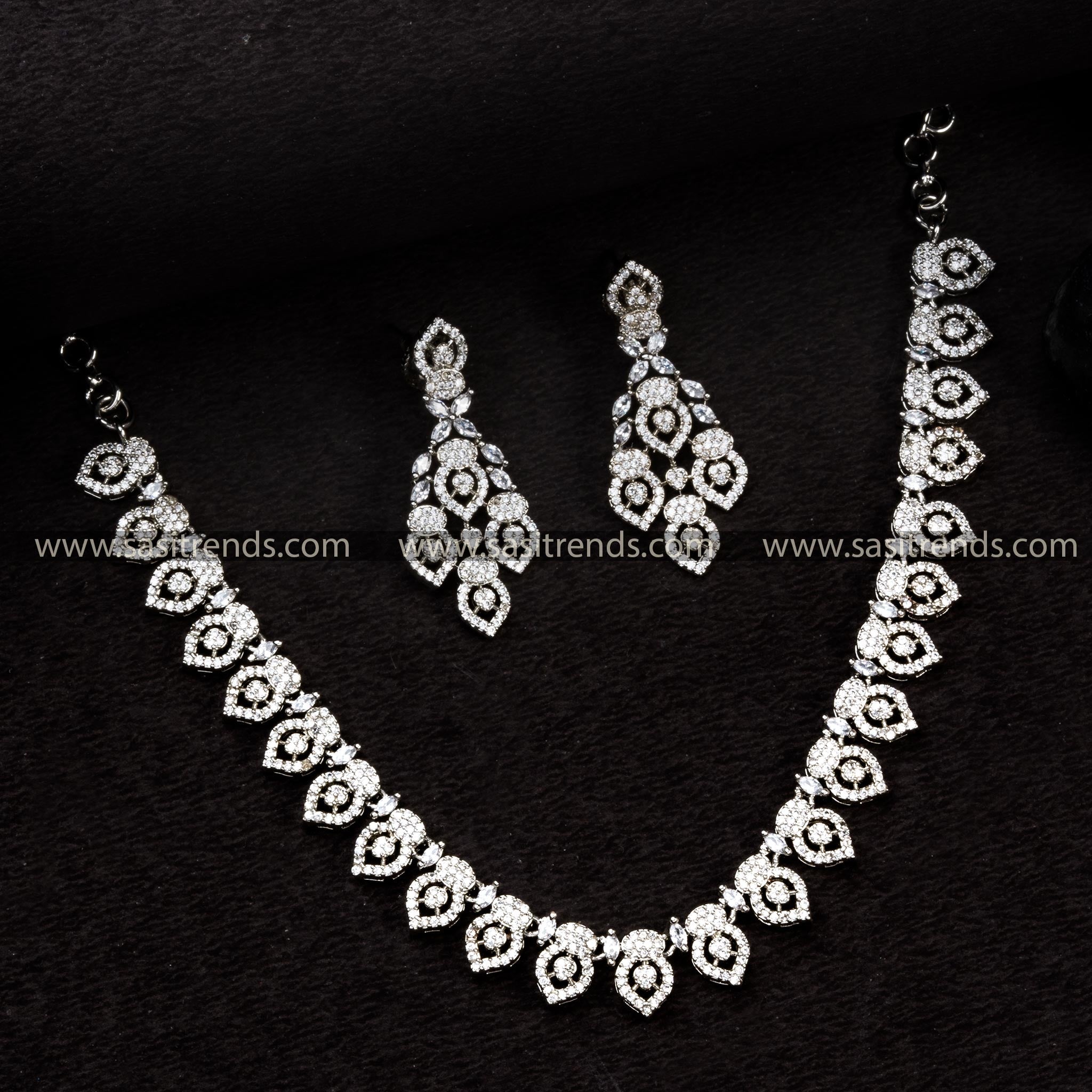 Elegant Rhodium Silver Floral Party Wear Necklace Set with AD Stones