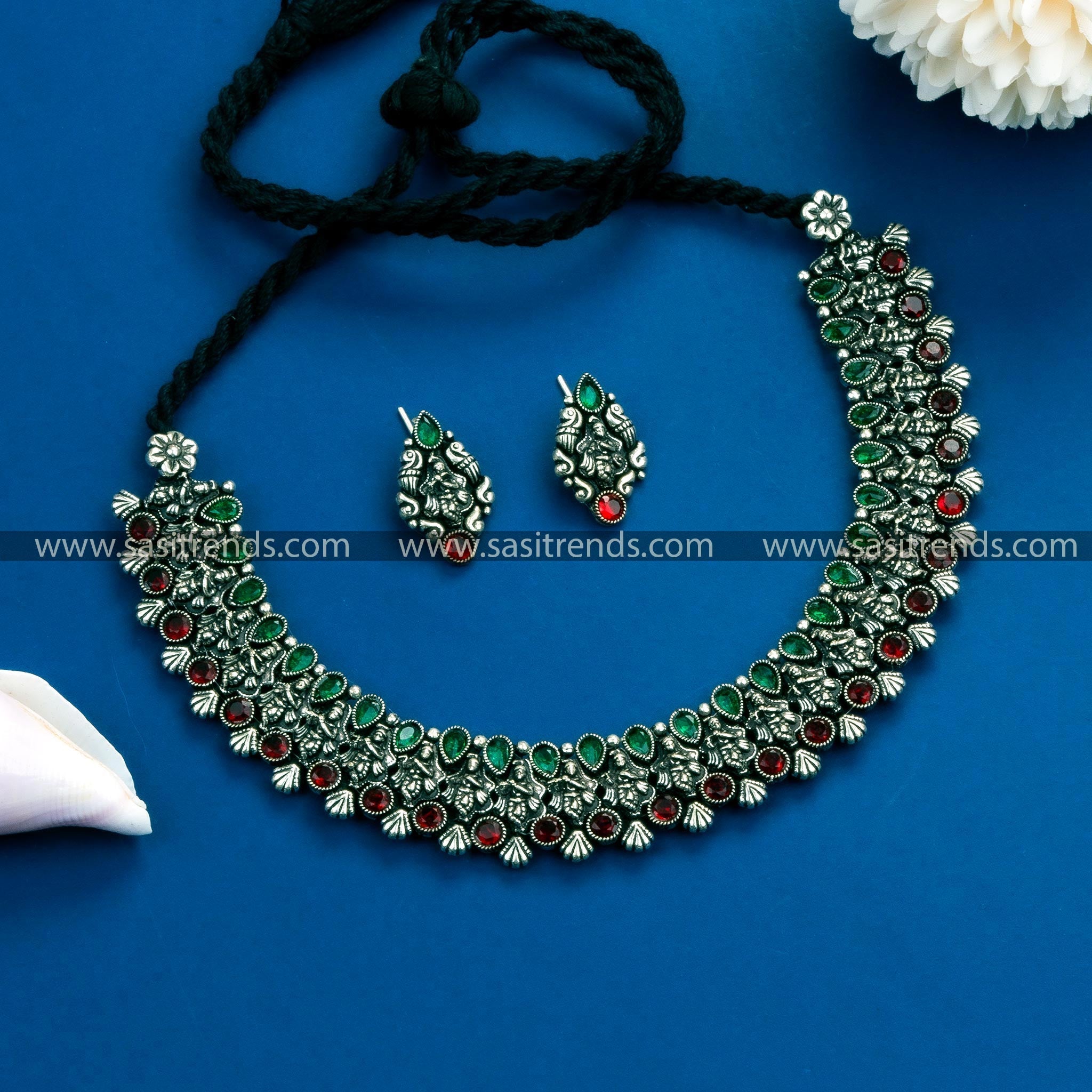 Traditional Krishnar Oxidised German Silver Necklace Set with Earrings and Stones - Exquisite Ethnic Jewelry