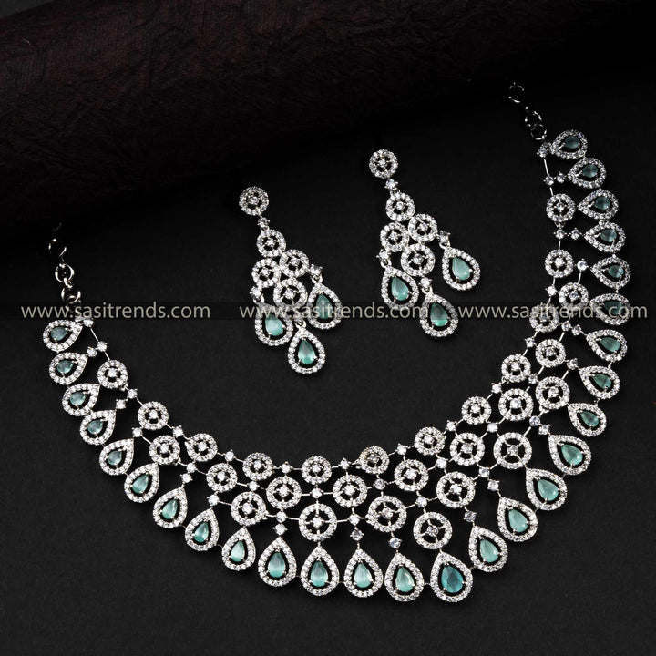 Stunning Rhodium Silver Plated Choker Jewellery Set with American Diamond Stones | Sasitrends