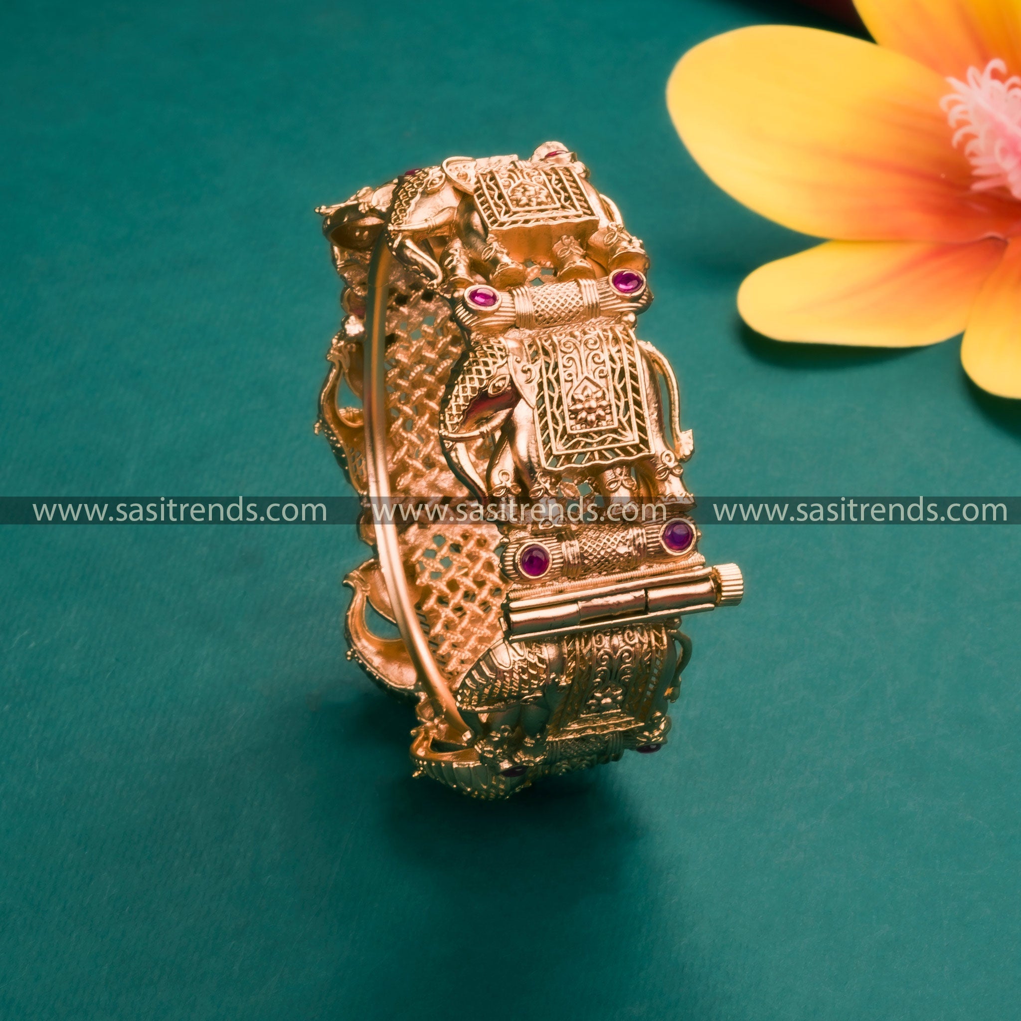 Traditional Bridal Antique Gold Plated Temple Kada Bangles with Elephant Motifs and Synthetic Stones