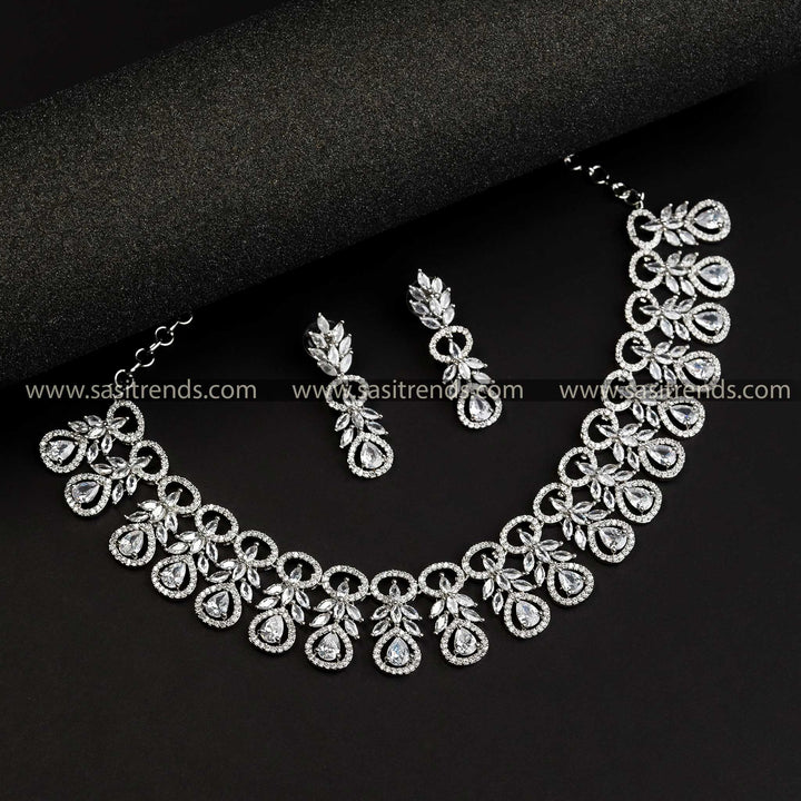 Stunning Rhodium Silver Plated Flower AD Necklace & Earrings Set - Trendy Party Wear