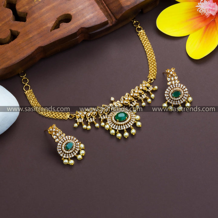 Temple Gold Plated AD Choker Necklace with Green Stone Pendant and Floral Leaf Design - Ideal for Bridal Parties - Buy Online for a Stylish Look!