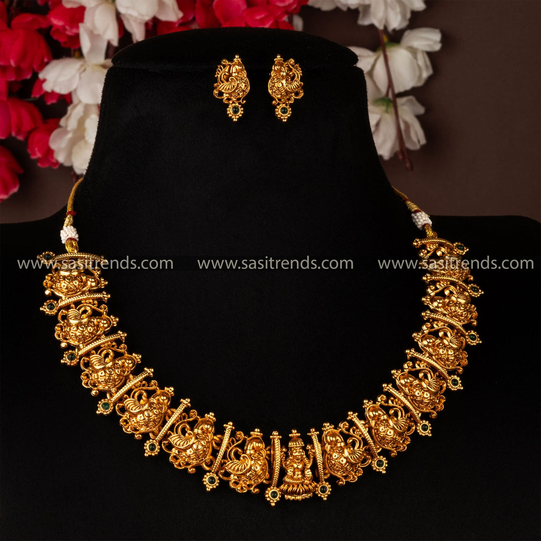 Temple Wear Classic Matt Gold Plated Lakshmi Peacock Choker Necklace Set