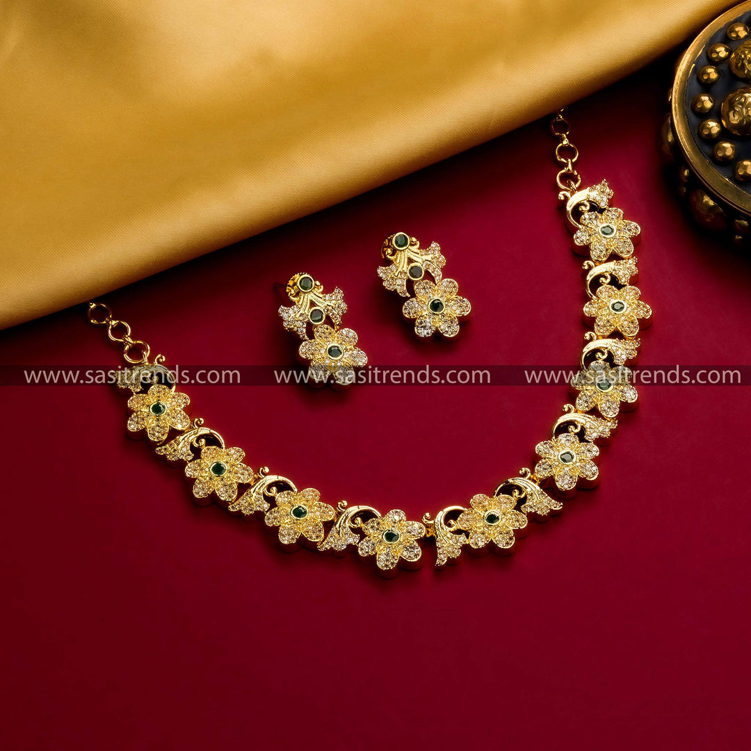 Charming Micro Gold Plated Floral Leaf Necklace with Green AD Stones. Latest Traditional Design