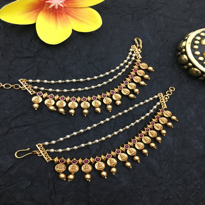 Traditional Matte Gold Finished Goddess Lakshmi Coin Style Matils Ear Chain: Elevate Your Festive Look | Sasitrends