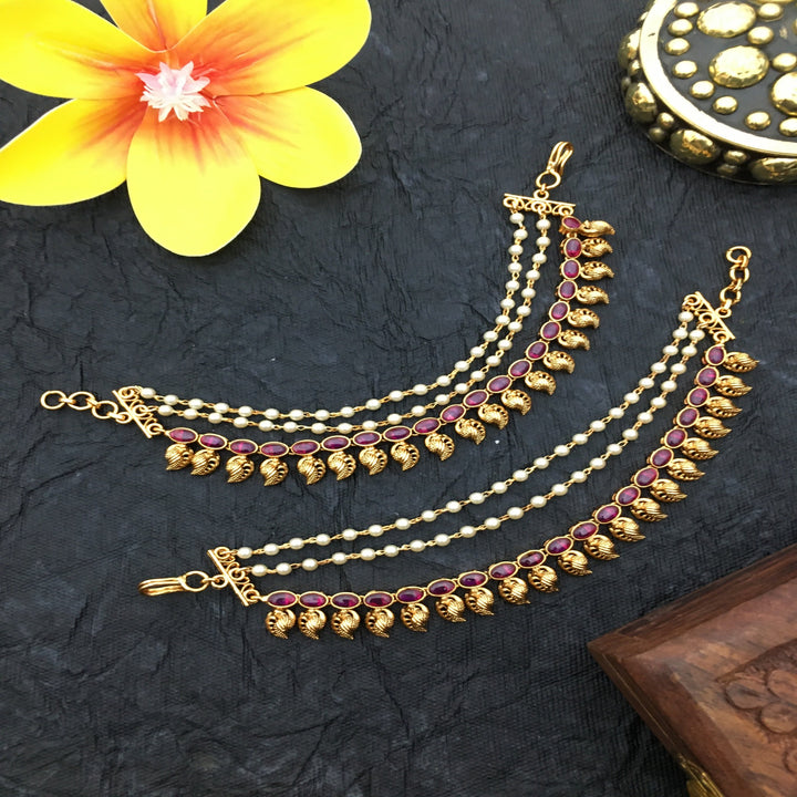 Dazzling Peacock Layer Temple Matte Gold Plated Ear Chain Matils - Perfect for Festive Glamour | Sasitrends