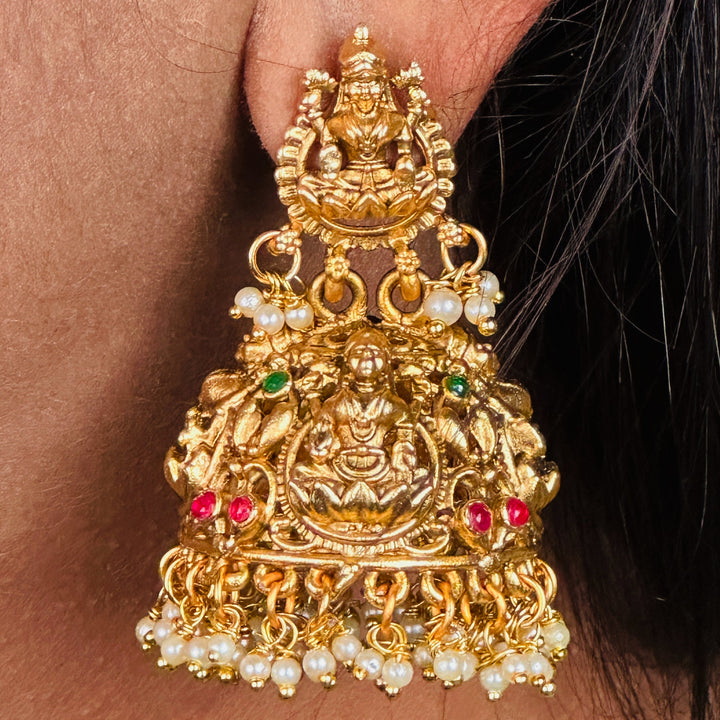 Pearl Embellished Bridal Lakshmi Jhumka Earrings