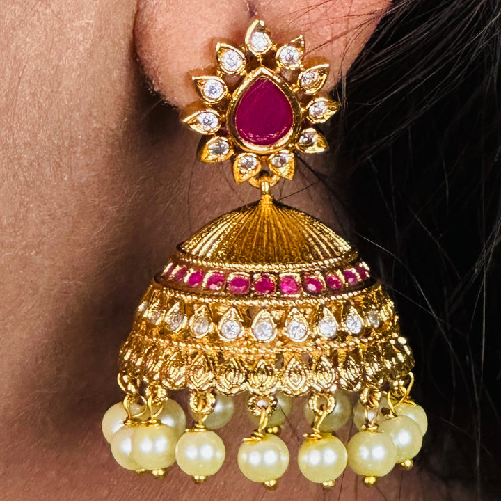 Exquisite Temple Matte Gold Plated Ad Traditional Pearl Jhumka Earrings | Sasitrends