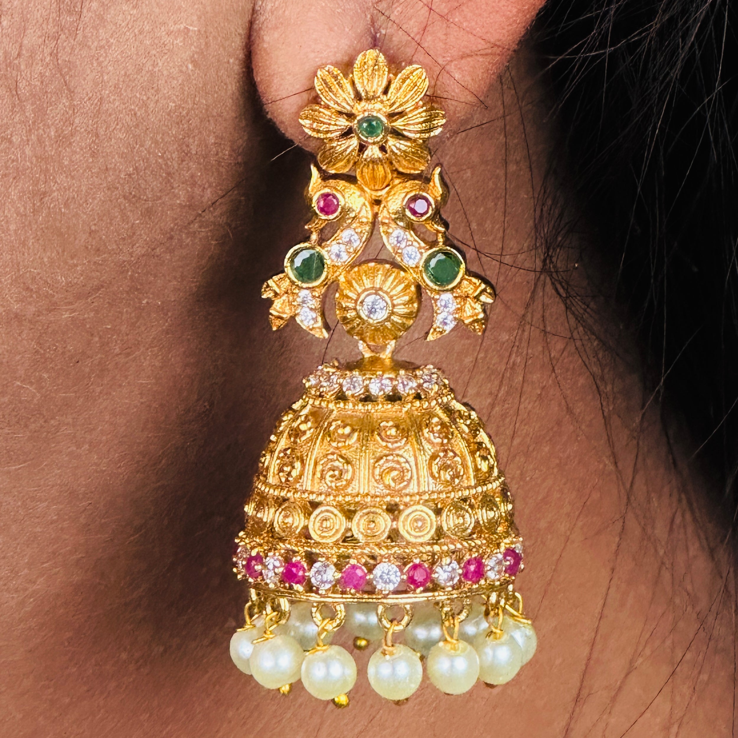 Floral Peacock AD Stone Pearl Jhumka Earrings: Vibrant Colors and Exquisite Craftsmanship