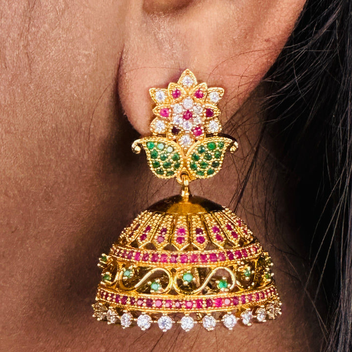 Enchanting Temple Matte Gold Plated Leaf Charm Ruby-Emerald Jhumka Earrings | Sasitrends