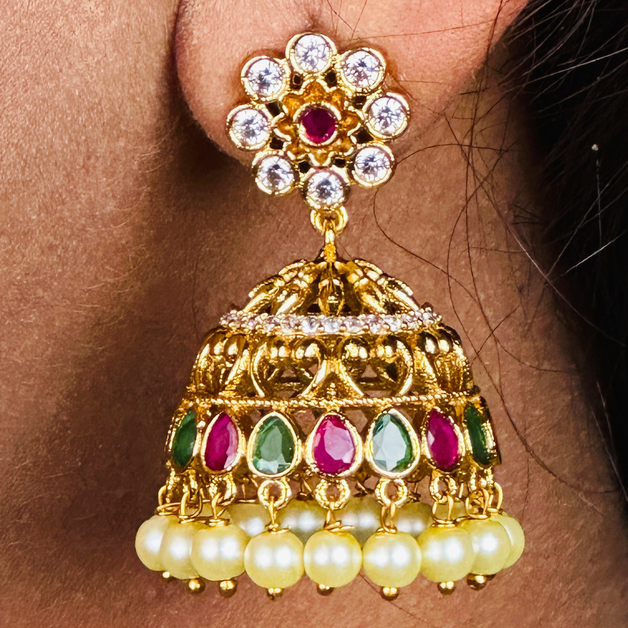 Matte Gold Plated Jhumka Earrings with AD Stones and Pearls