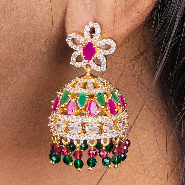 Trendy Gold Plated American Diamond Stones Stud Jhumka Earrings