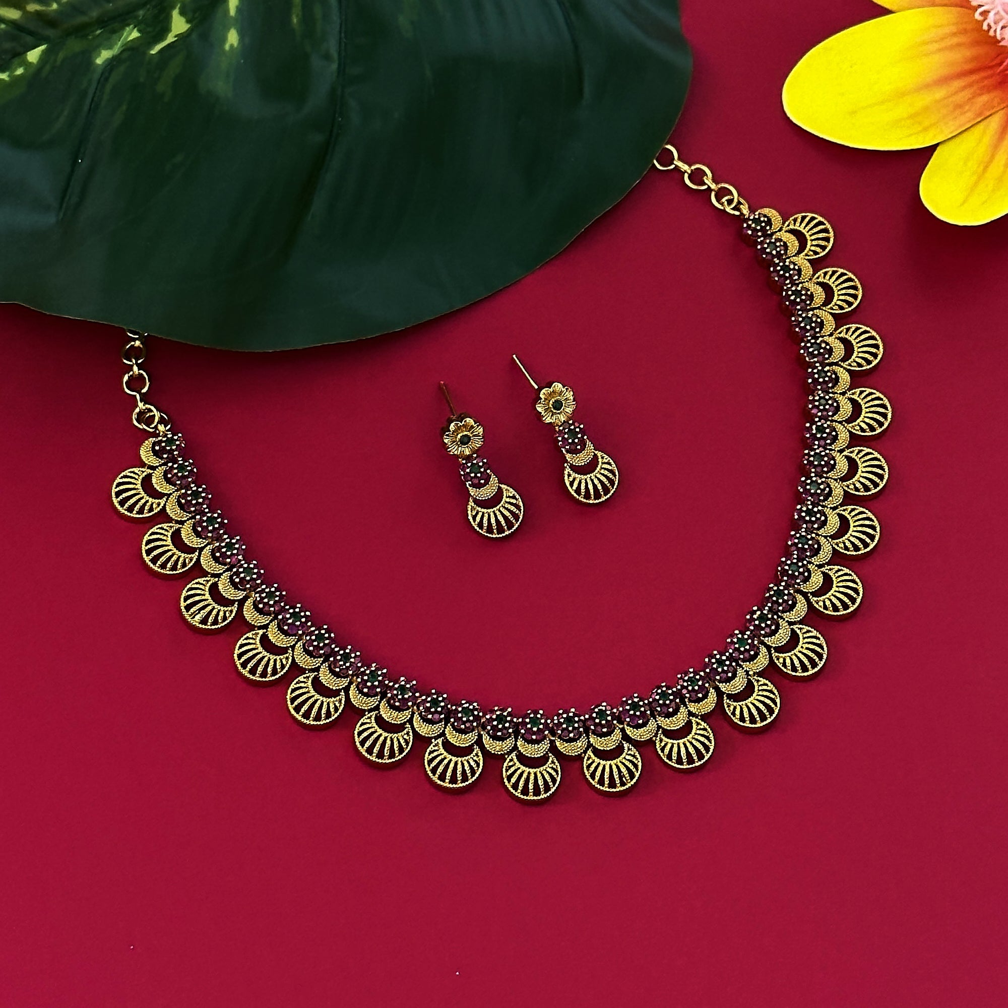 Radiant Floral & Moon Necklace Set: American Diamond, Ruby, and Emerald Stones on Brass. Exquisite Beauty That Stands the Test of Time.