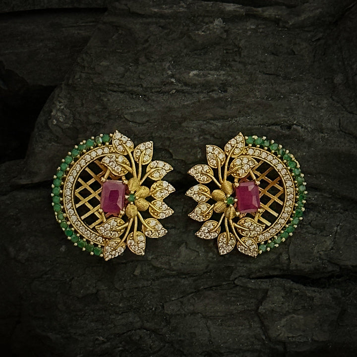 Temple Matte Gold Plated Floral Leaf AD Stone Flower Stud Earrings | Sasitrends