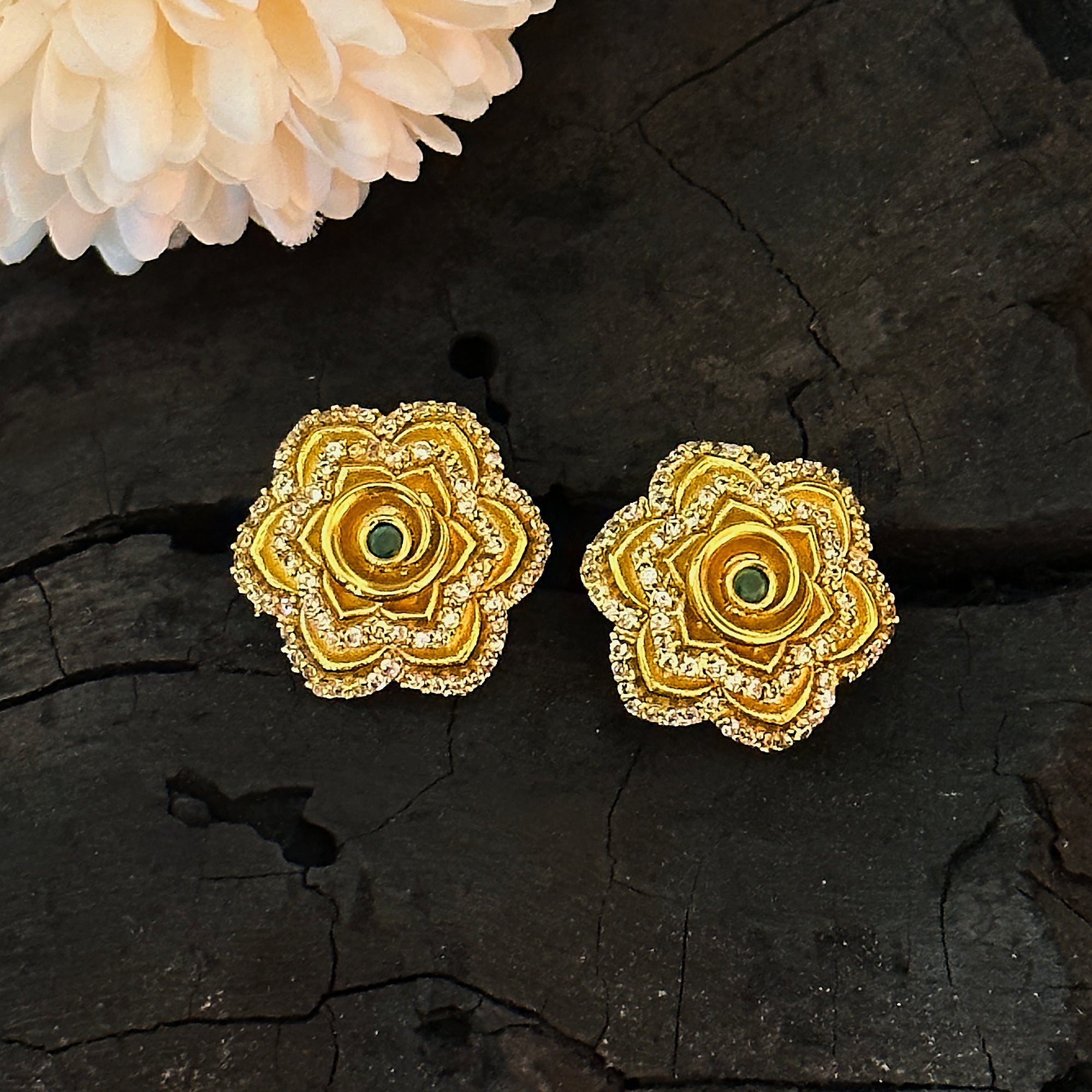 Elegant Brass Stud Earrings with AD Stone Rose Flower Detailing