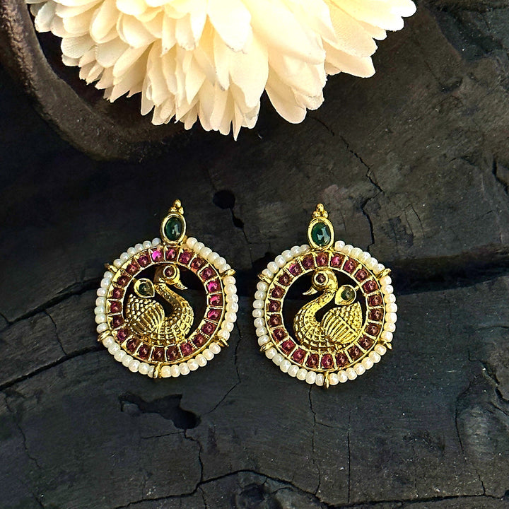 Dazzling Temple Matte Gold Plated Pearl Peacock Stud Earrings | Sasitrends