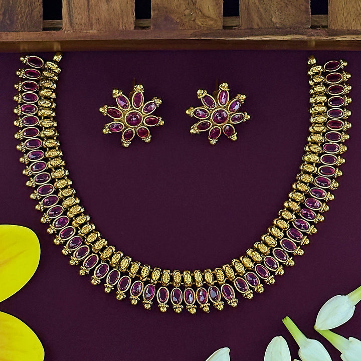 Latest Bridal Temple Gold Tone Necklace Set - Ruby Stones