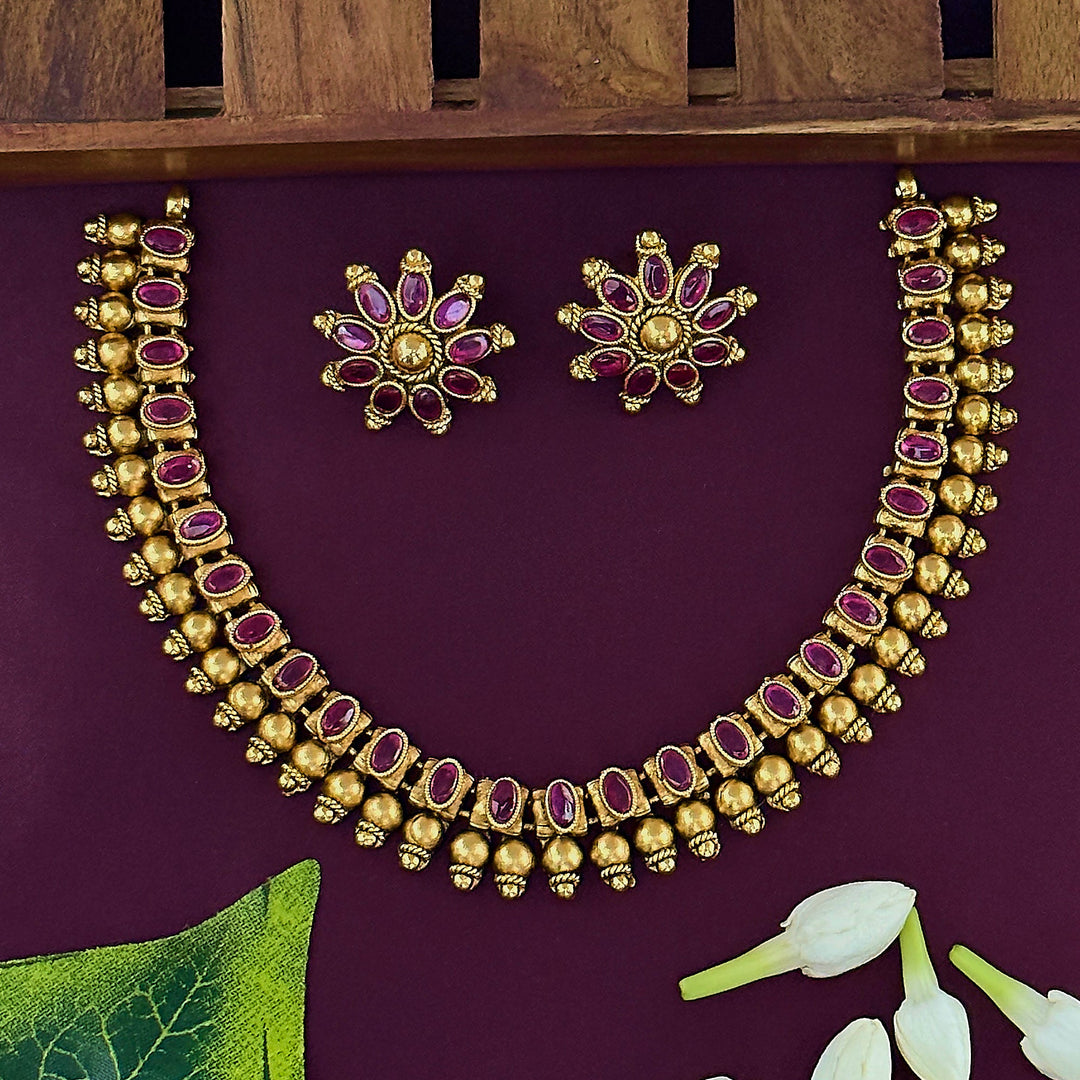 New Bridal Matte Gold Tone Necklace Set with Jhumkas - American Diamonds and Ruby Stones