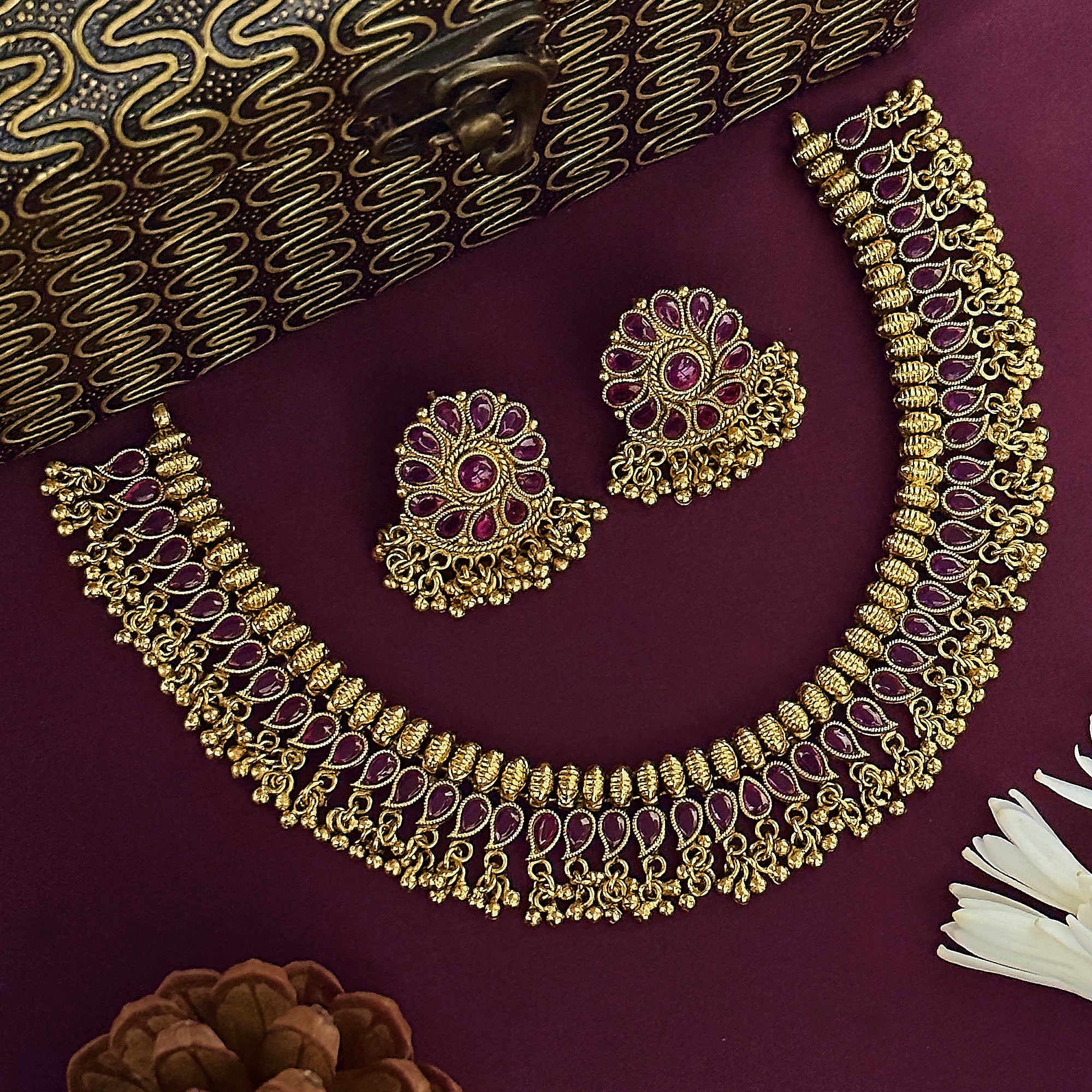 New Bridal Matte Gold Tone Necklace Set with Ruby Earrings - Perfect for Traditional Occasions with Stunning Ruby Stones