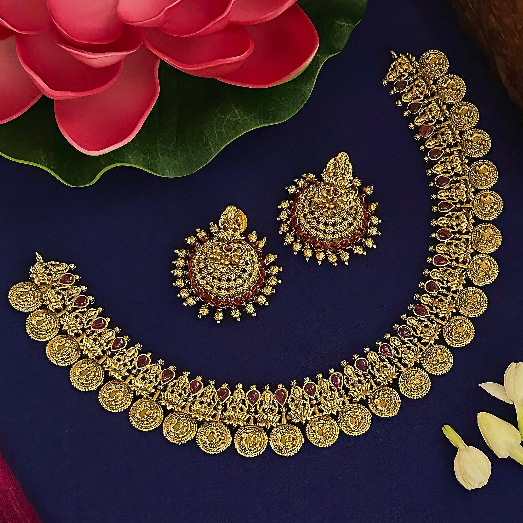 Ruby Goddess Lakshmi Bridal Short Necklace Set -Latest Traditional Jewellery