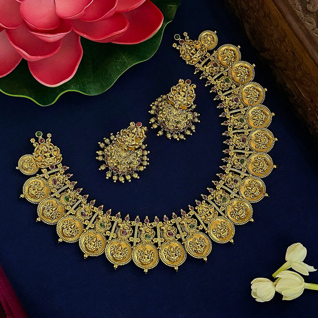 New Bridal Matte Gold Tone Necklace Set with Jhumkas - Traditional & Festive Jewellery