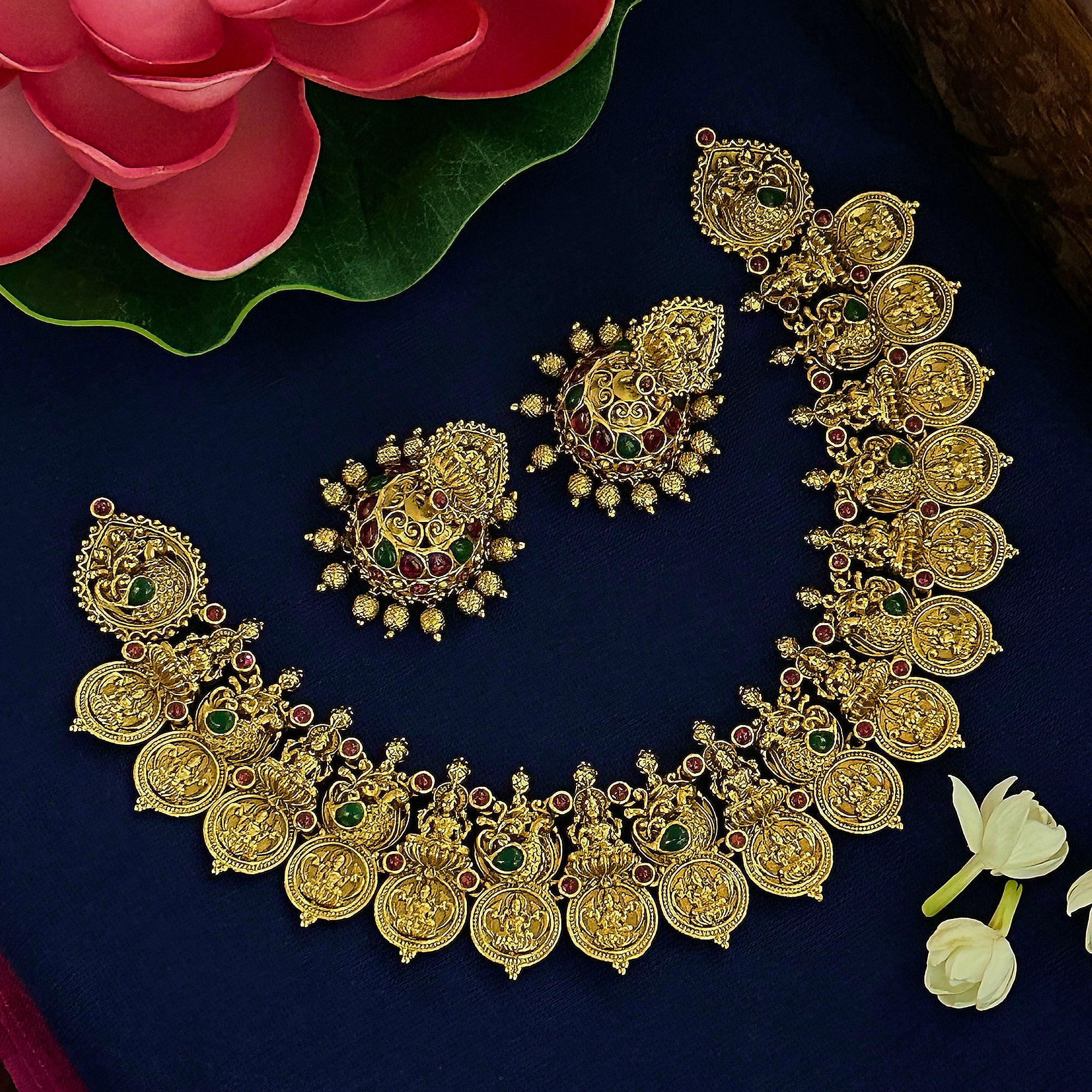 New Bridal Matte Gold Tone Necklace Set with Jhumkas - Traditional Jewellery with Peacock and Lakshmi Motifs