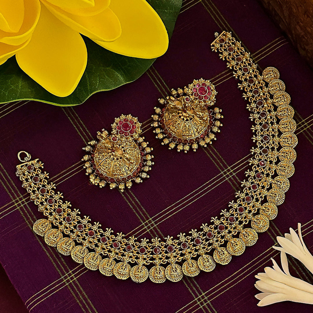 New Bridal Short Necklace Set with Jhumkas - Lakshmi Motif & American Diamonds