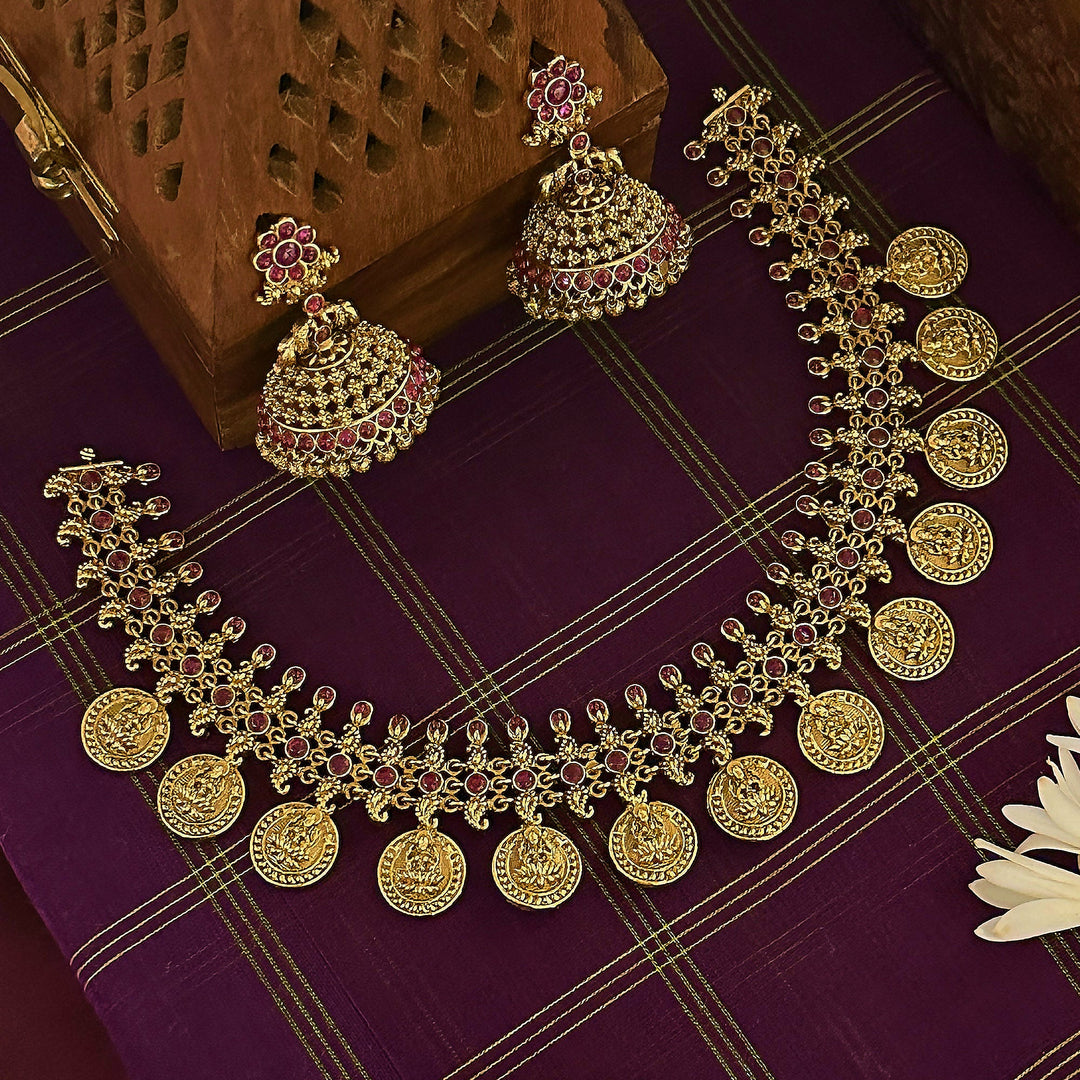 Latest Bridal Short Necklace Set with Jhumkas - Graceful Mango Motifs and Lakshmi Coins - Perfect for Traditional Occasions