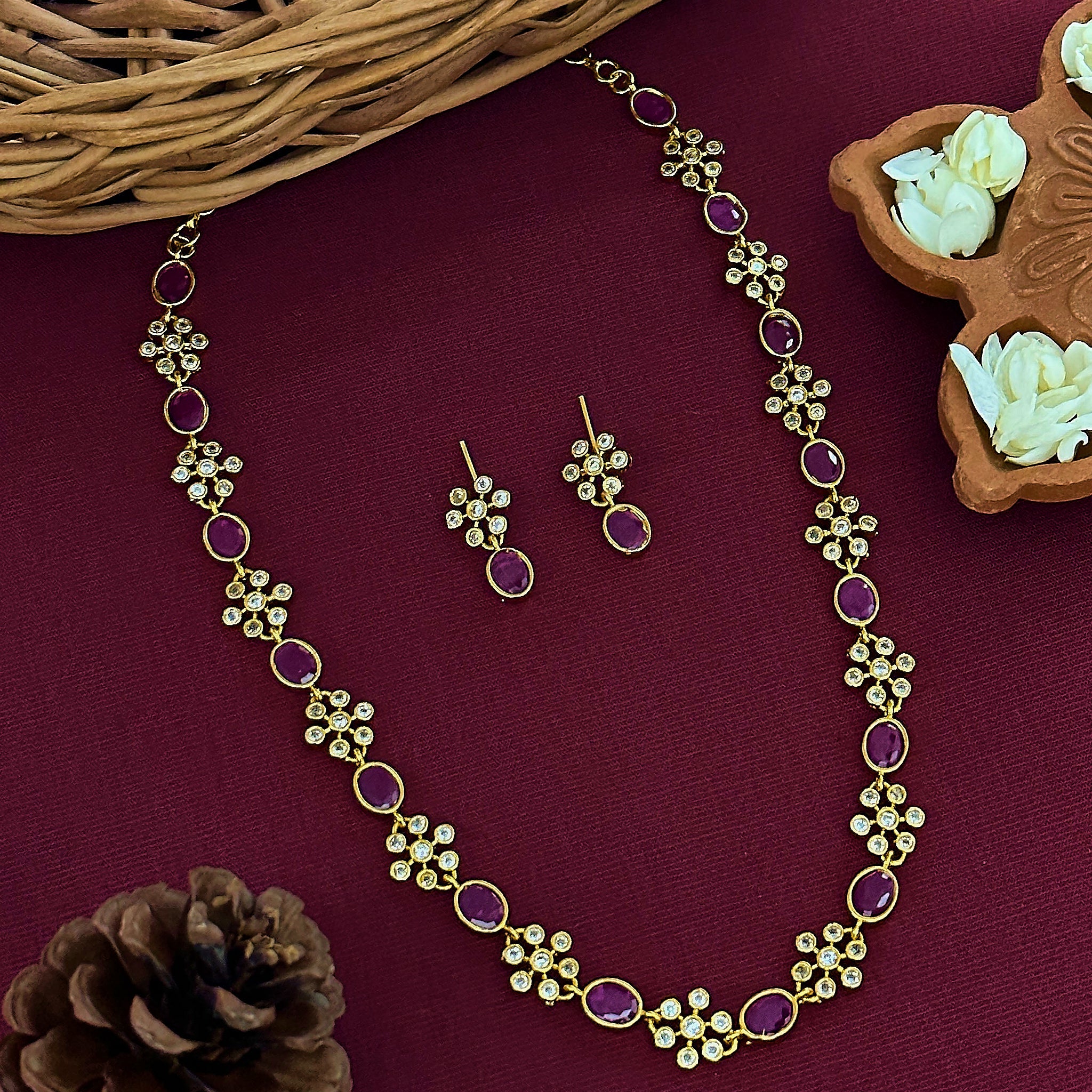 Captivating Flower and Oval Pattern Necklace Jewelry Set: A Blossoming Delight of American Diamond White Stones and Ruby Accents