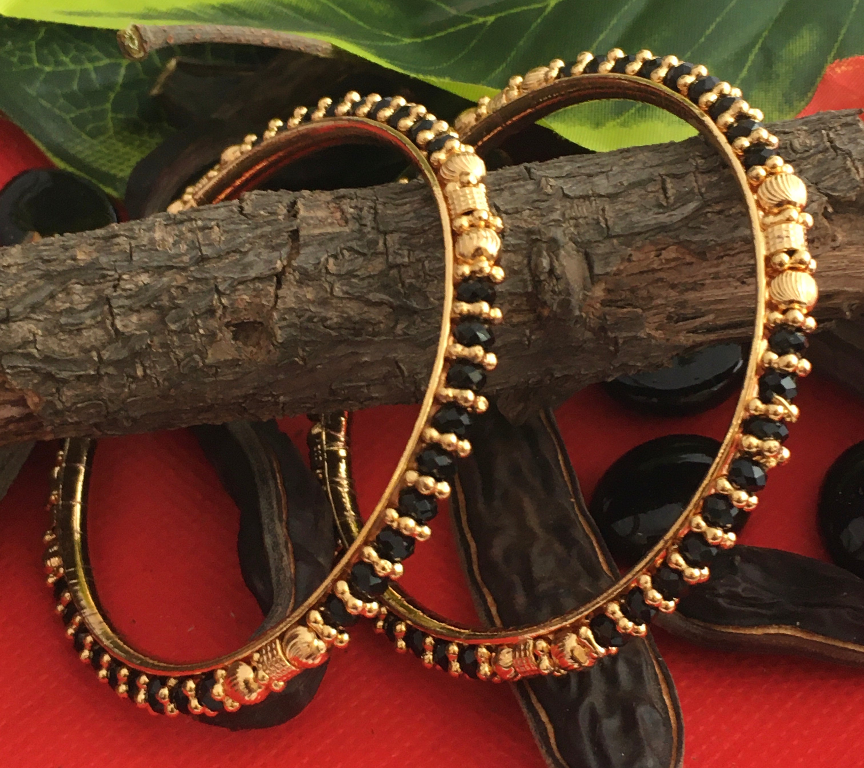 Traditional micro gold plated black bead bangles for women, online - Perfect for weddings and festivals.