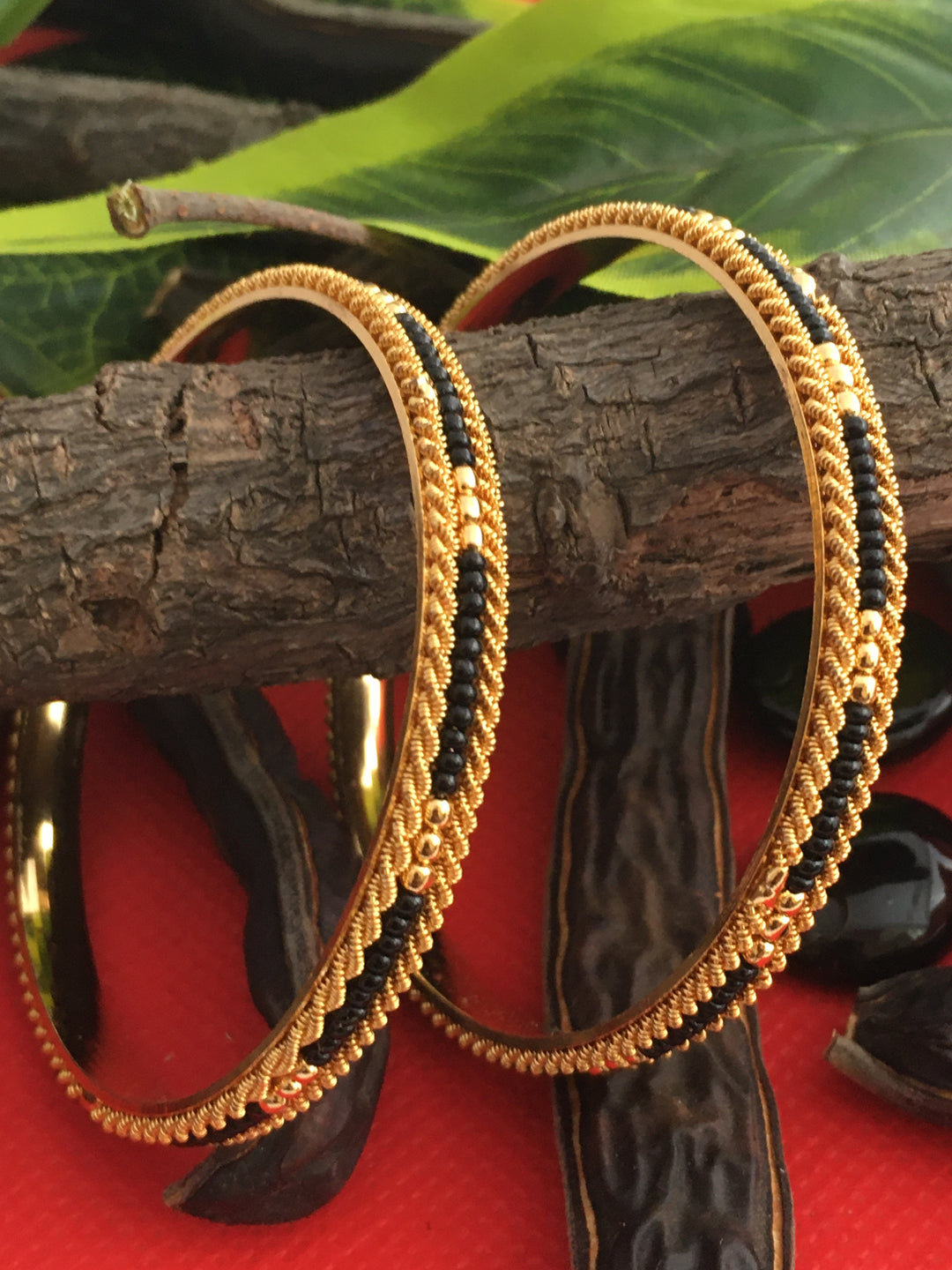 New Traditional Micro Gold Plated Black Bead Bangles for Women Online - Perfect for Sarees and Traditional Wears