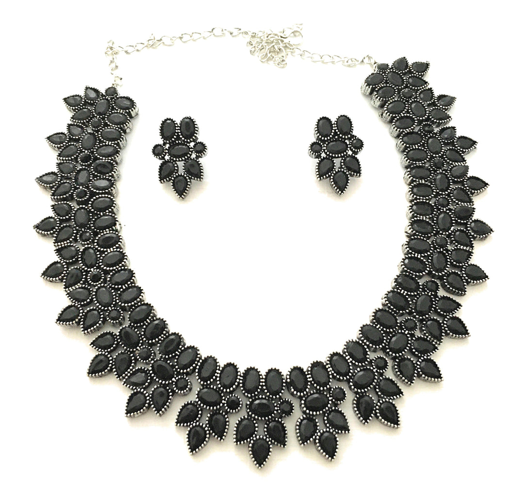 Stunning Oxidised German Silver Necklace & Earrings - Flower Pattern Design