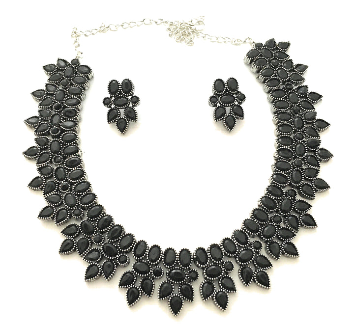 Latest Stunning Oxidised German Silver Necklace with Earrings Stones Jewellery Set - Perfect for Parties