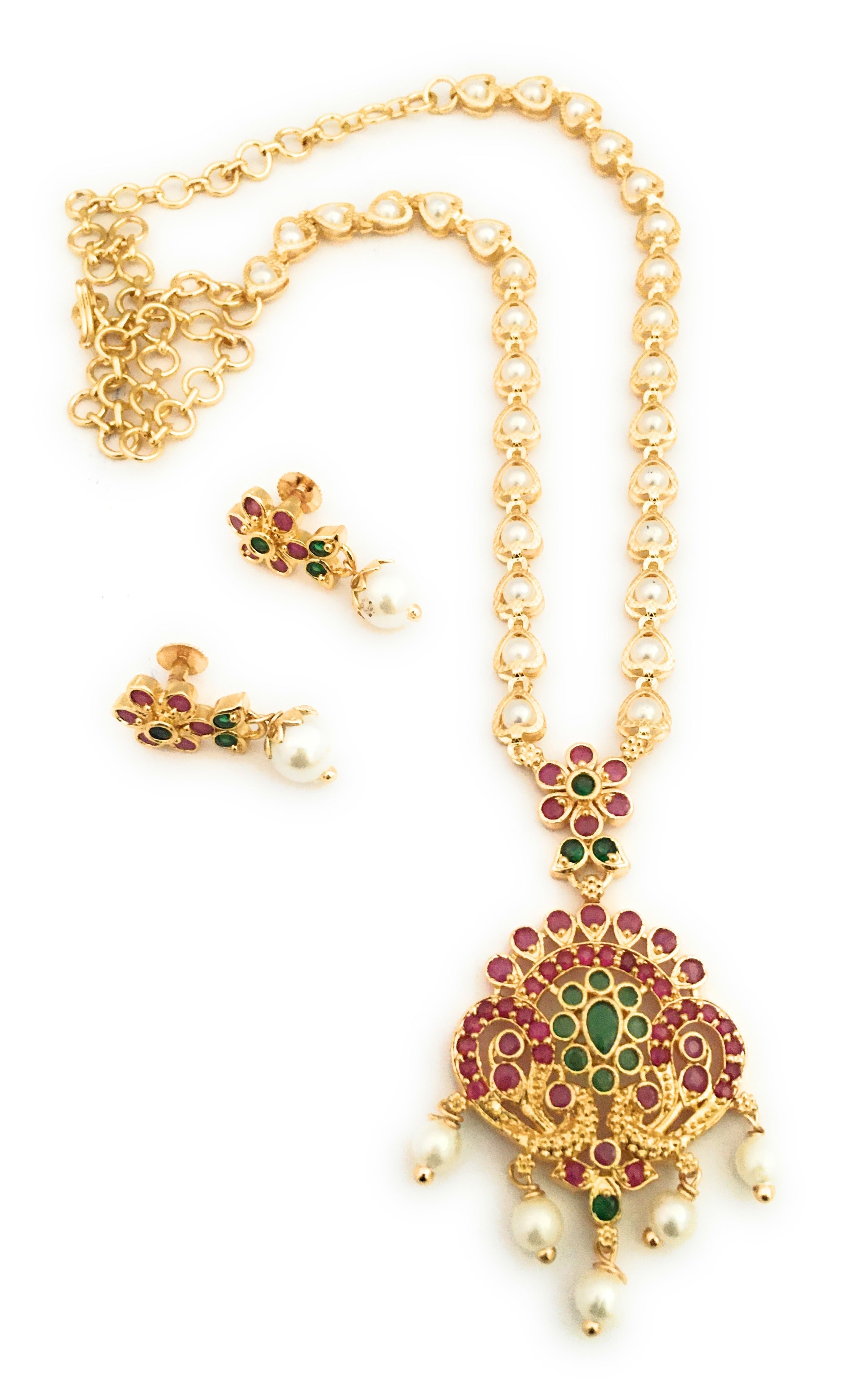 Luxurious Traditional Micro Gold Plated Peacock Floral Pendant Pearl Necklace Set for Women - Online Shopping